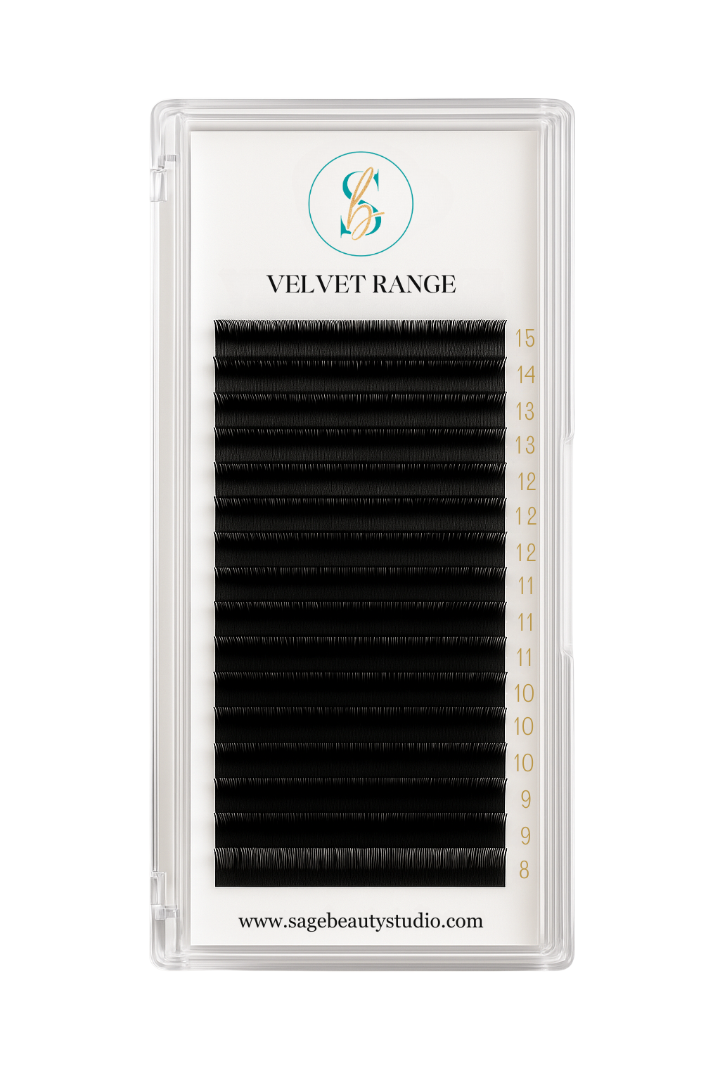 Mixed-length matte black lash tray with 16 rows of premium lash extensions designed for professional lash artists. Features rich dark lashes with no flashback and seamless fanning.